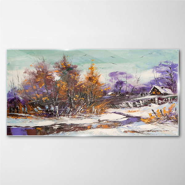 Glasbild Winterlandschaft mit einem Haus im Wald