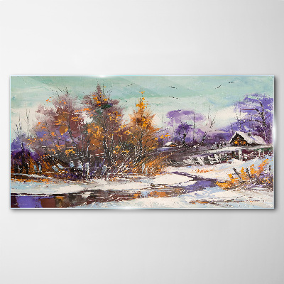 Glasbild Winterlandschaft mit einem Haus im Wald