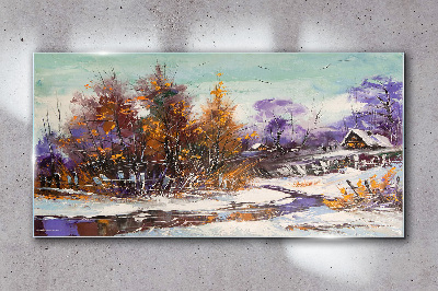 Glasbild Winterlandschaft mit einem Haus im Wald