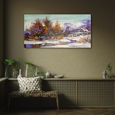 Glasbild Winterlandschaft mit einem Haus im Wald