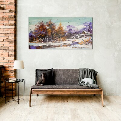 Glasbild Winterlandschaft mit einem Haus im Wald