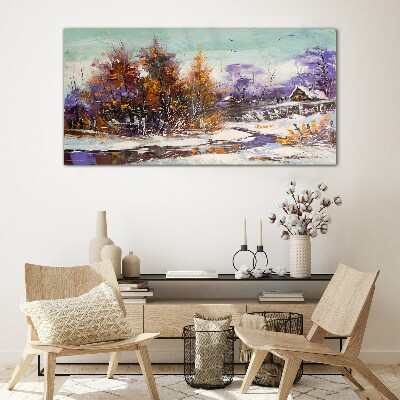 Glasbild Winterlandschaft mit einem Haus im Wald