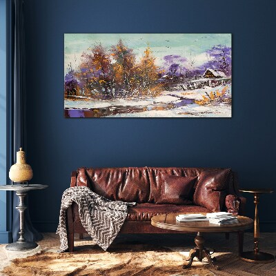 Glasbild Winterlandschaft mit einem Haus im Wald