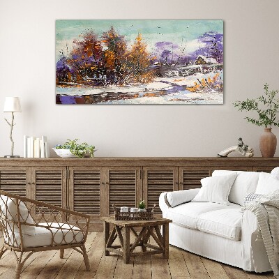 Glasbild Winterlandschaft mit einem Haus im Wald