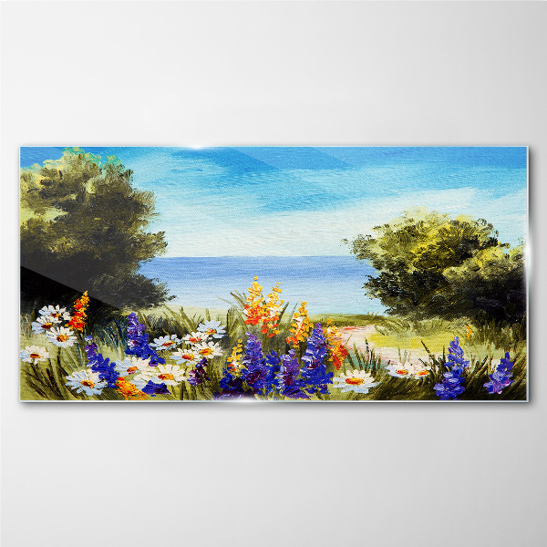 Glasbild Blumen Bäume Meer Himmel