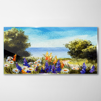 Glasbild Blumen Bäume Meer Himmel