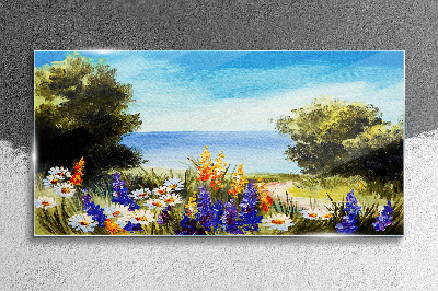 Glasbild Blumen Bäume Meer Himmel