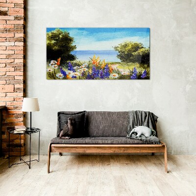 Glasbild Landschaft mit Blumen am Meer