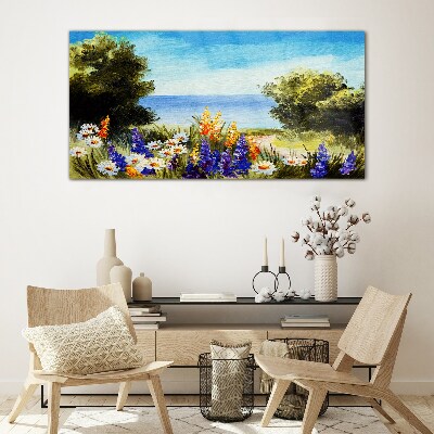 Glasbild Landschaft mit Blumen am Meer
