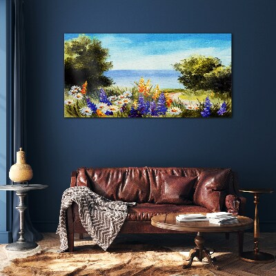 Glasbild Landschaft mit Blumen am Meer