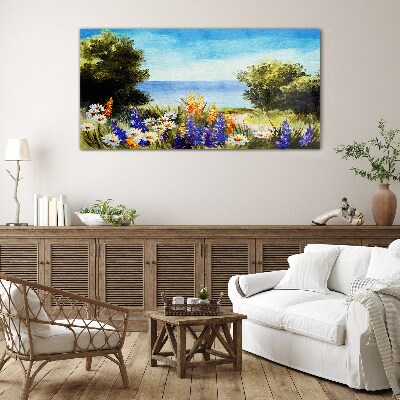 Glasbild Landschaft mit Blumen am Meer