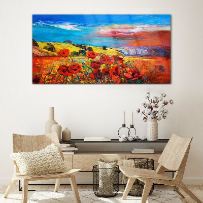 Glasbild Blumenfelder in der Sommersonne