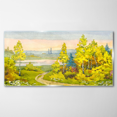Glasbild Frühlingslandschaft mit Bäumen