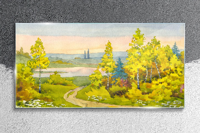 Glasbild Frühlingslandschaft mit Bäumen