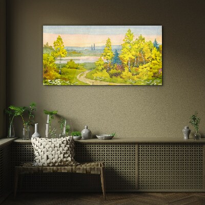 Glasbild Frühlingslandschaft mit Bäumen