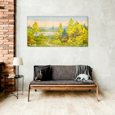 Glasbild Frühlingslandschaft mit Bäumen
