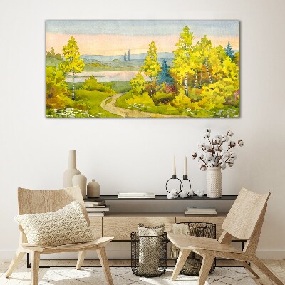Glasbild Frühlingslandschaft mit Bäumen