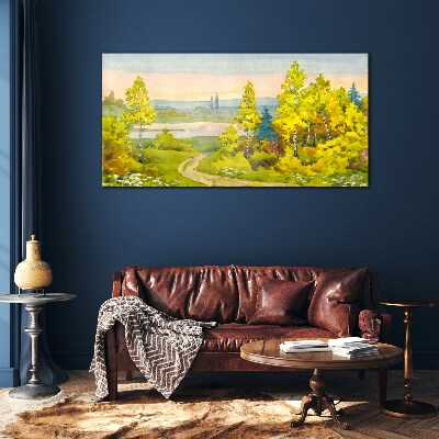 Glasbild Frühlingslandschaft mit Bäumen