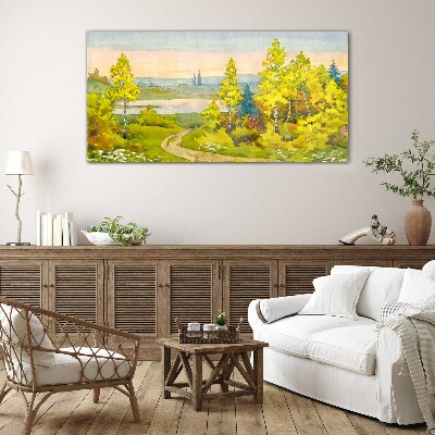 Glasbild Frühlingslandschaft mit Bäumen