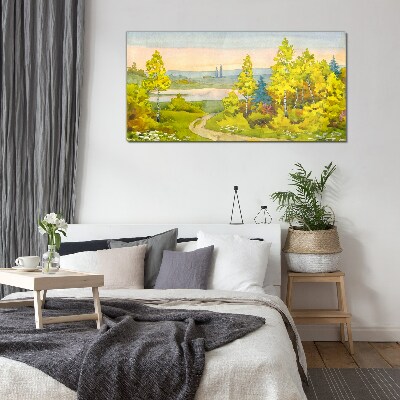Glasbild Frühlingslandschaft mit Bäumen