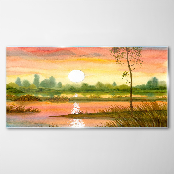 Glasbild Aquarell-Baum-Sonnenuntergang