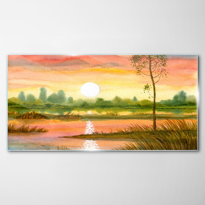 Glasbild Aquarell-Baum-Sonnenuntergang