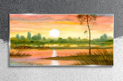 Glasbild Aquarell-Baum-Sonnenuntergang