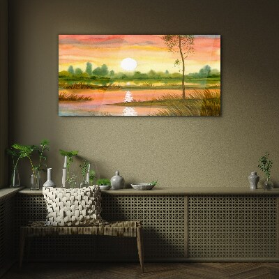 Glasbild Sonnenuntergang über einem ruhigen Fluss