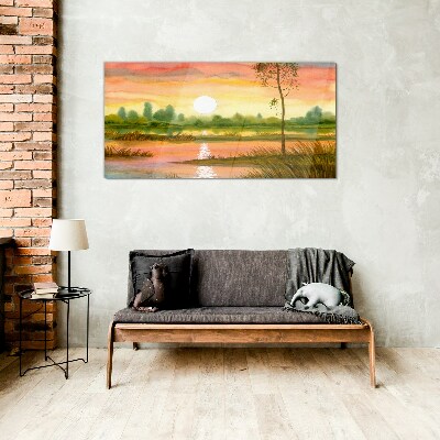 Glasbild Sonnenuntergang über einem ruhigen Fluss