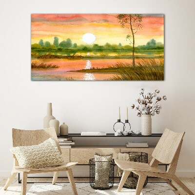 Glasbild Sonnenuntergang über einem ruhigen Fluss