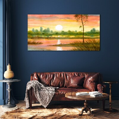 Glasbild Sonnenuntergang über einem ruhigen Fluss