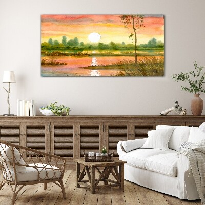 Glasbild Sonnenuntergang über einem ruhigen Fluss