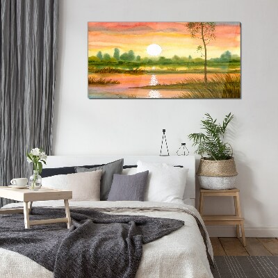 Glasbild Sonnenuntergang über einem ruhigen Fluss