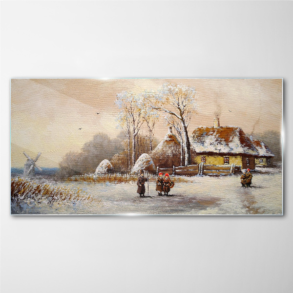 Glas bild Winterlandschaft mit Hütte und Wind