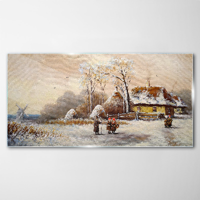 Glas bild Winterlandschaft mit Hütte und Wind