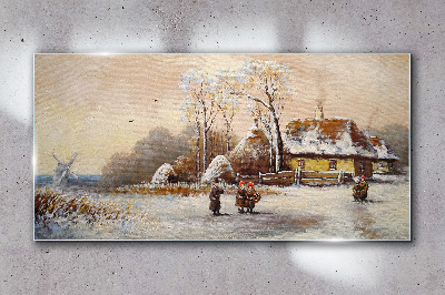 Glas bild Winterlandschaft mit Hütte und Wind