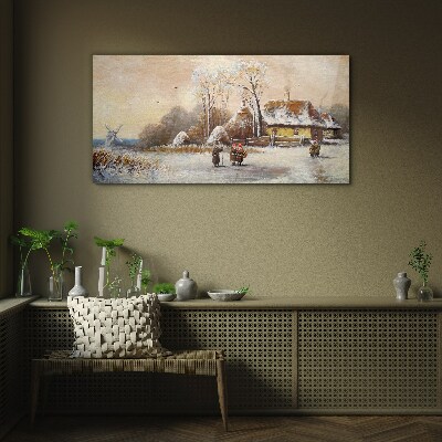 Glas bild Winterlandschaft mit Hütte und Wind