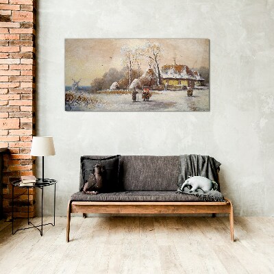 Glas bild Winterlandschaft mit Hütte und Wind