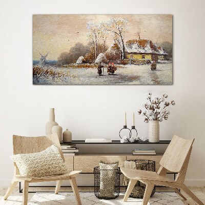 Glas bild Winterlandschaft mit Hütte und Wind