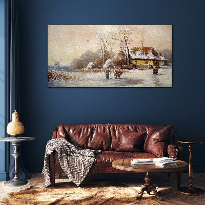 Glas bild Winterlandschaft mit Hütte und Wind