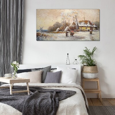 Glas bild Winterlandschaft mit Hütte und Wind