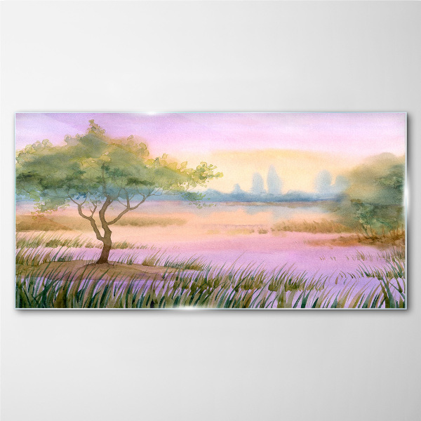 Glasbild Morgenlandschaft mit einem Baum