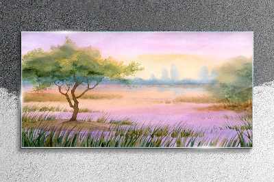 Glasbild Morgenlandschaft mit einem Baum