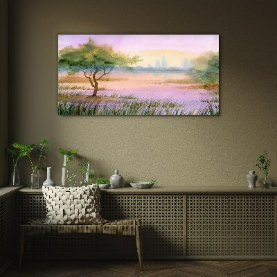 Glasbild Morgenlandschaft mit einem Baum