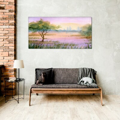 Glasbild Morgenlandschaft mit einem Baum