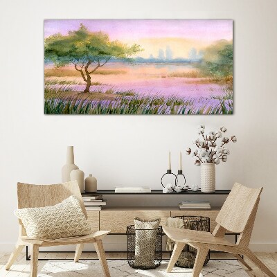 Glasbild Morgenlandschaft mit einem Baum