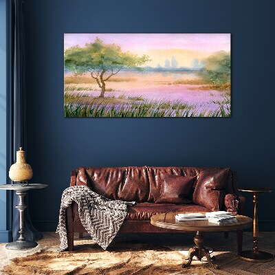 Glasbild Morgenlandschaft mit einem Baum