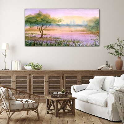 Glasbild Morgenlandschaft mit einem Baum