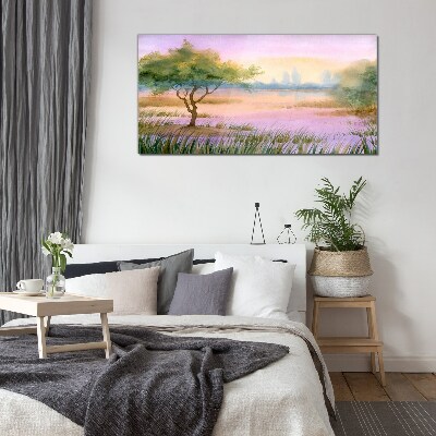 Glasbild Morgenlandschaft mit einem Baum