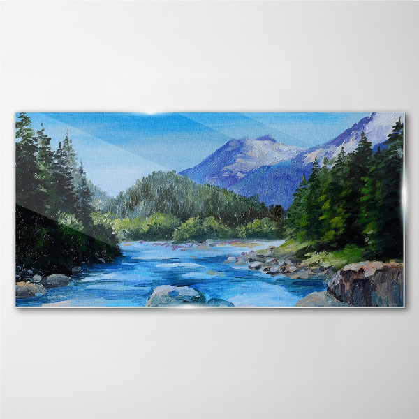 Glasbild Berge Wald Fluss Natur